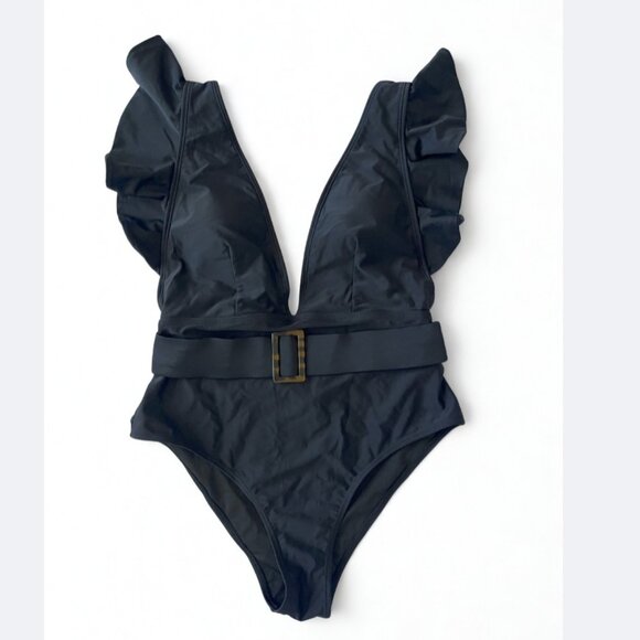 NWT Black Deep V One-Piece Swimsuit Flutter Sleeves Belted Waist Size L - Picture 1 of 4